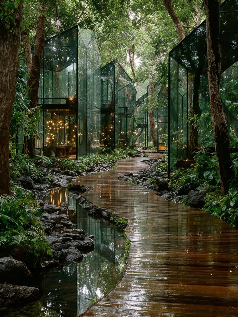 A peaceful forest scene with houses made entirely of transparent glass
#rendering #photorealistic #AI