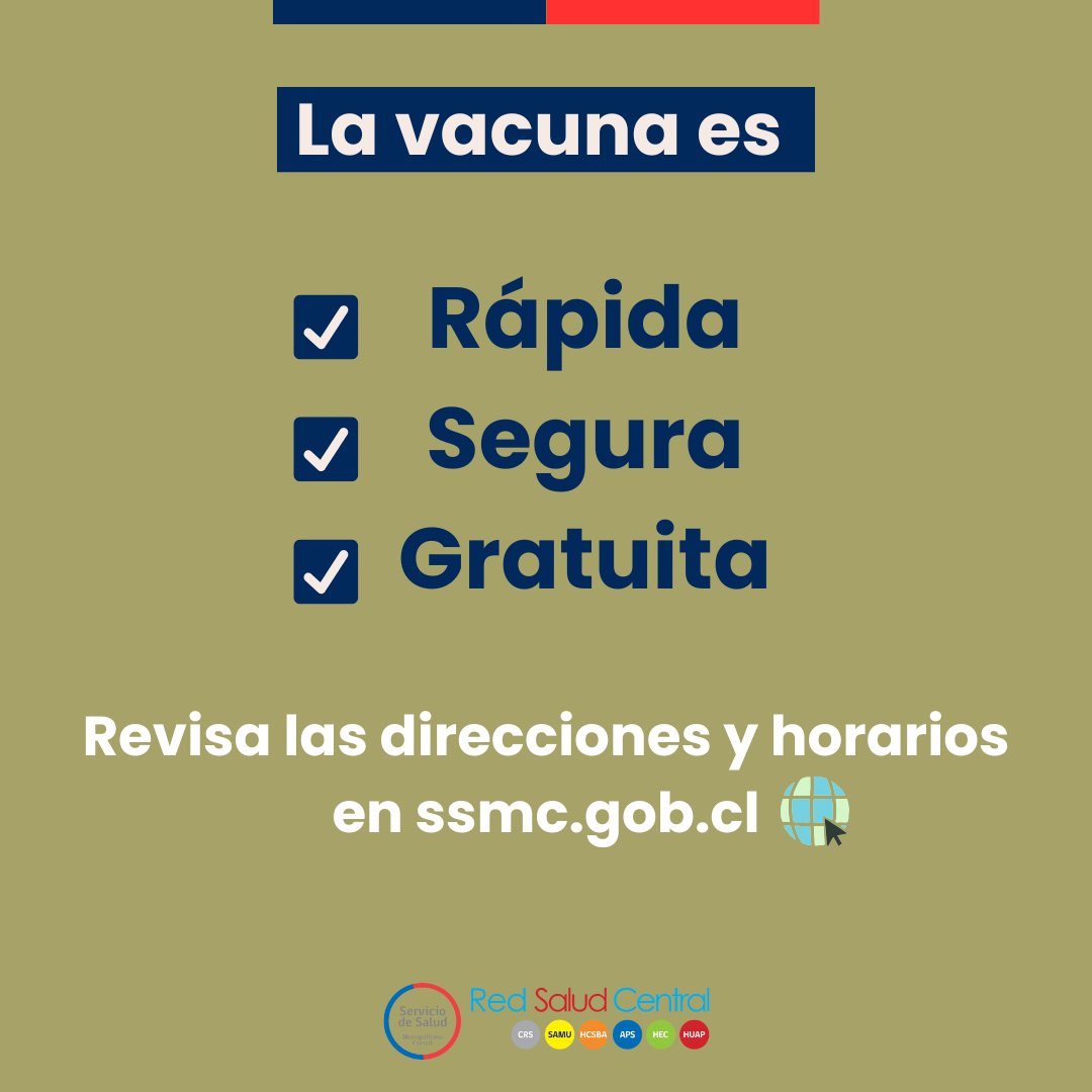 Servicio de Salud Metropolitano Central (@serv_saludmc) on Twitter photo 💉 Vacunarte contra la #influenza es importante para evitar el desarrollo de enfermedades graves.
Acércate a los CESFAM de nuestra red y vacúnate, ES GRATUITO PARA TODOS 👏😍 💉 Vacunarte contra la #influenza es importante para evitar el desarrollo de enfermedades graves.
Acércate a los CESFAM de nuestra red y vacúnate, ES GRATUITO PARA TODOS 👏😍