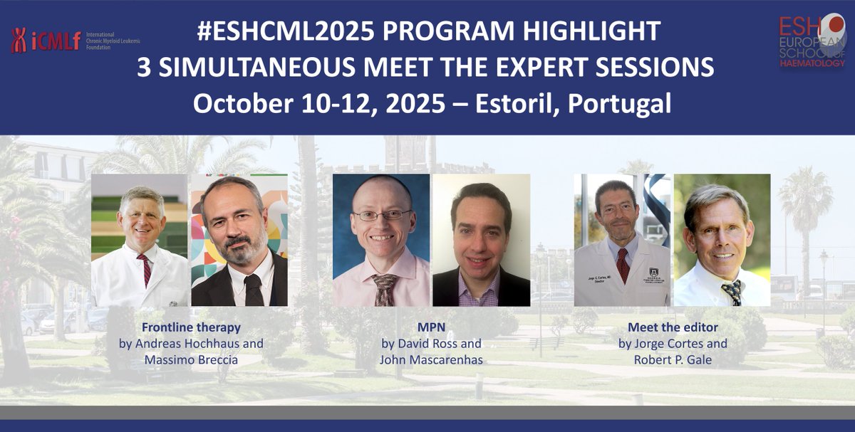 📣#ESHCML2025 PROGRAM HIGHLIGHT:
3 MEET THE EXPERT SESSIONS!
Learn more &amp; register here➡bit.ly/3ZQWwEa
ESH-#iCMLf 27th John Goldman Conference on #CMLsm
Chairs: <a href="/GCC_Cortes/">Jorge Cortes MD</a> <a href="/timhughesCML/">Tim Hughes</a> Daniela S. Krause
#ESHCONFERENCES <a href="/icmlf/">International CML Foundation</a>