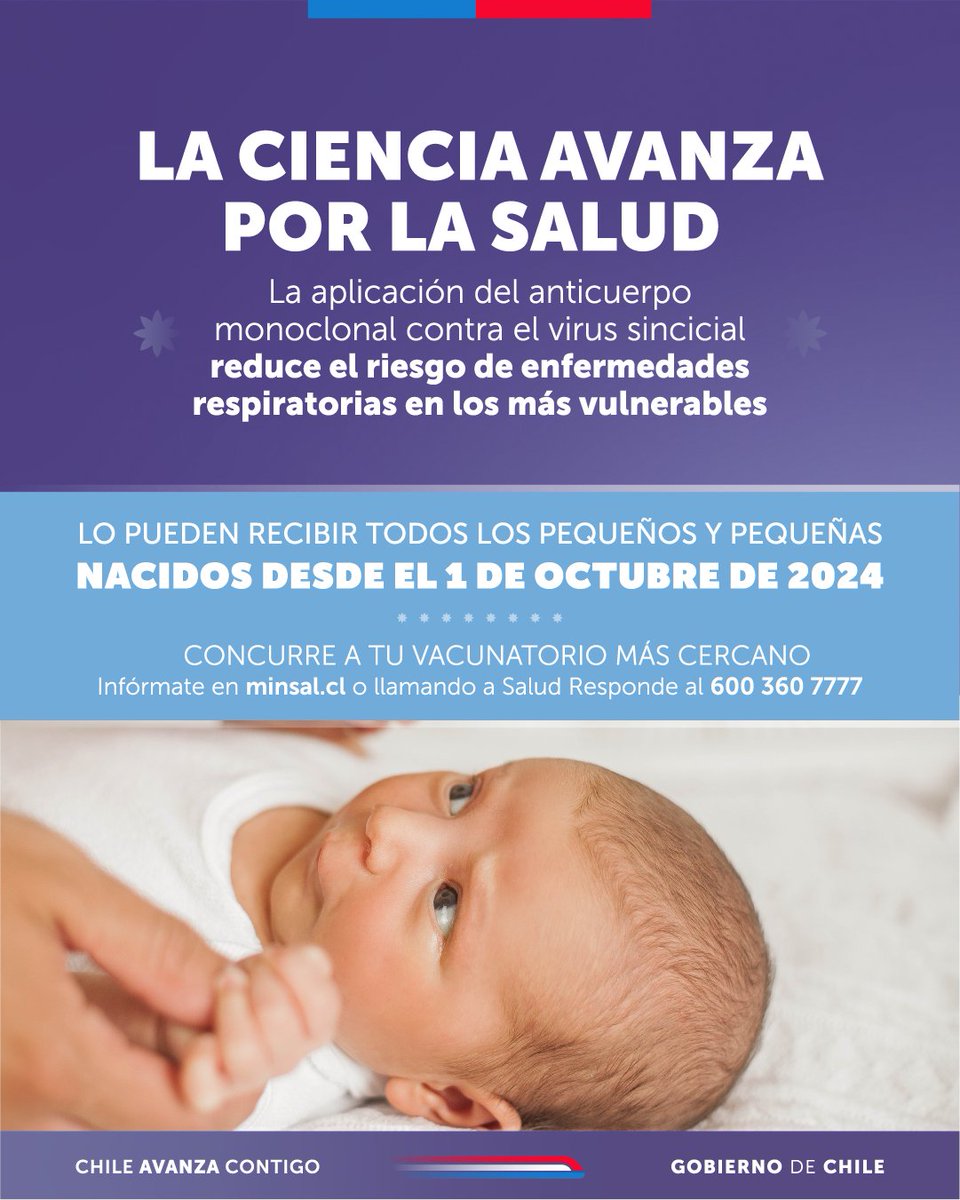 Servicio de Salud Metropolitano Central (@serv_saludmc) on Twitter photo 👶🏽Es momento de proteger a tu hija o hijo contra el VRS
Si eres madre, padre o cuidador de un lactante nacido desde el 01 de octubre de 2024, inmunízalo con el medicamento contra el Virus Respiratorio Sincicial y evita cuadros graves u hospitalizaciones. 👶🏽Es momento de proteger a tu hija o hijo contra el VRS
Si eres madre, padre o cuidador de un lactante nacido desde el 01 de octubre de 2024, inmunízalo con el medicamento contra el Virus Respiratorio Sincicial y evita cuadros graves u hospitalizaciones.