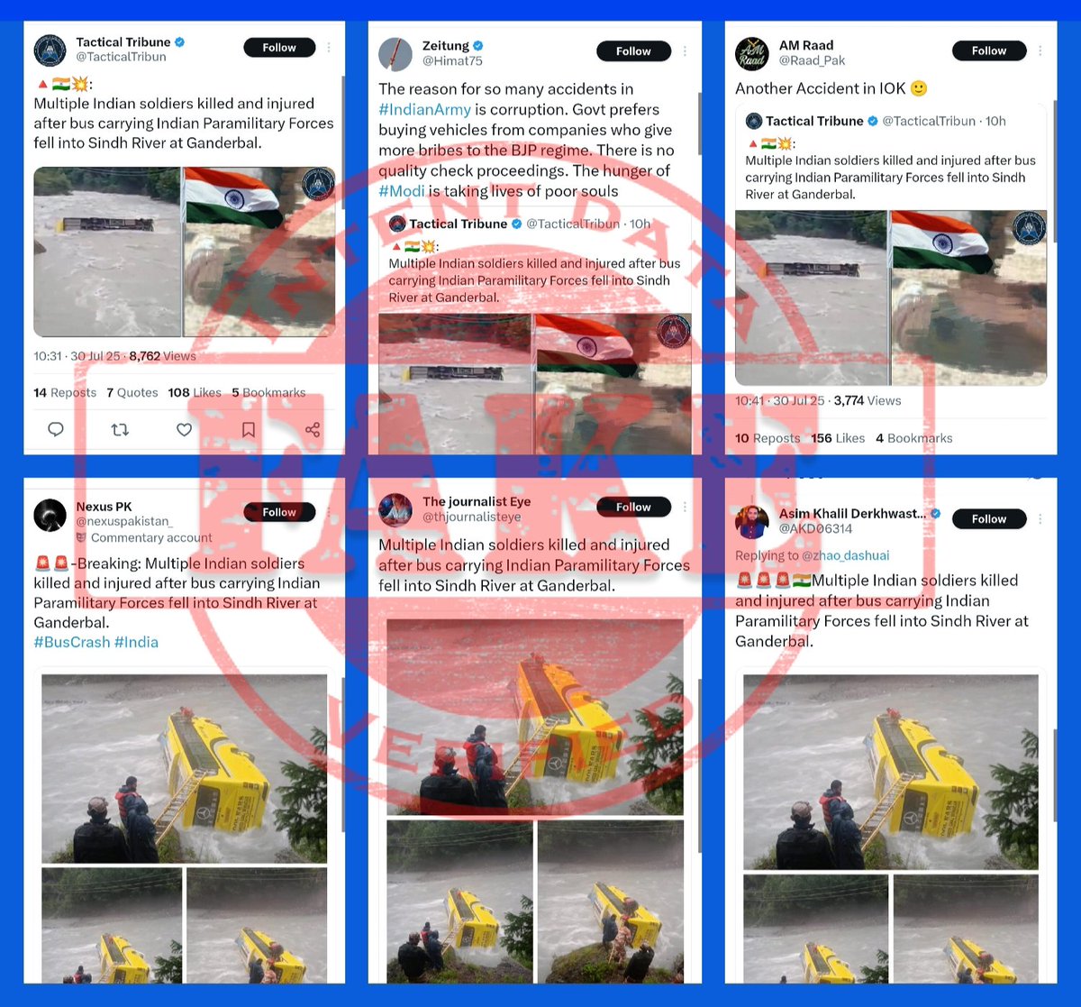 3715
ANALYSIS: Fake

FACT: Pakistan-based propaganda accounts are spreading false and fabricated claims alleging that multiple Indian soldiers were killed and injured after a bus carrying paramilitary personnel plunged into the Sindh River in Ganderbal. (1/3)