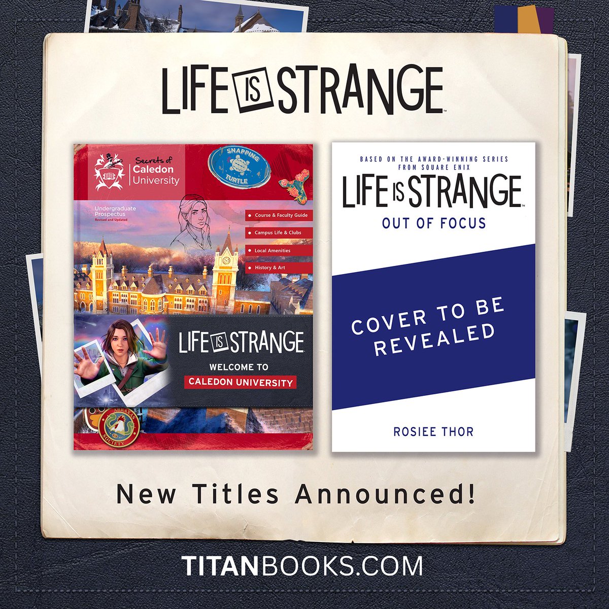 LifeIsStrange's tweet image. Announcing two new #LifeIsStrange titles from @titanbooks : “Welcome to Caledon University” an annotated, in-universe guide by Chris Farnell, coming April 2026, and “Out of Focus” a novel by Rosiee Thor, coming May 2026. Pre-orders will be available from Friday August 1!