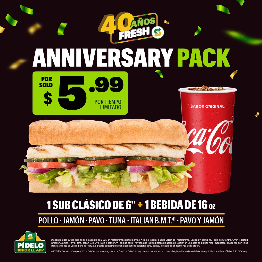 ¡El sabor de Subway®  Puerto Rico cumple 40 años! 🎈 Celebra con nosotros con el Anniversary Pack. Escoge un sub de 6’’y  una bebida por solo $5.99.

Más detalles subway.com/es-pr/legal/pr…