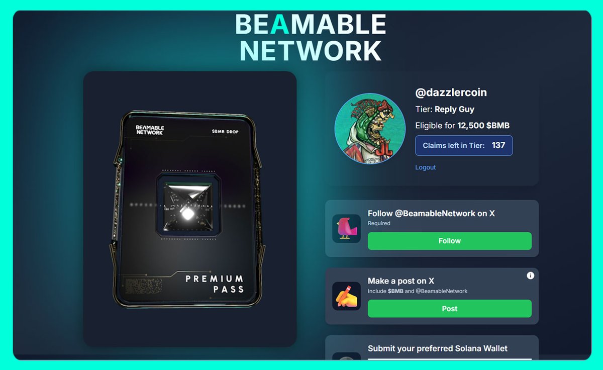 bewise (@dazzlercoin) on Twitter photo Hurry check your <a href="/BeamableNetwork/">Beamable Network</a> airdrop for CT Mindshare (limited spots available)
A total of 10 Million $BMB (1% supply) up for grabs.
Check now ▶️ claim.beamable.network
Looking forward to Beamable Networks node sale taking place 4th August - 3000 Nodes, $370 each Hurry check your <a href="/BeamableNetwork/">Beamable Network</a> airdrop for CT Mindshare (limited spots available)
A total of 10 Million $BMB (1% supply) up for grabs.
Check now ▶️ claim.beamable.network
Looking forward to Beamable Networks node sale taking place 4th August - 3000 Nodes, $370 each