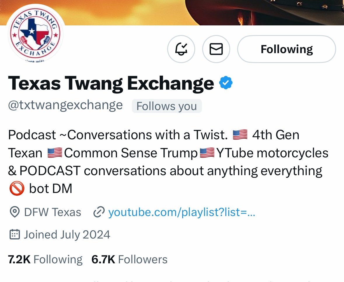 Let’s see if we can get this wonderful patriot to 7k!  

He connects back. <a href="/txtwangexchange/">Texas Twang Exchange</a> 

😊😊😊