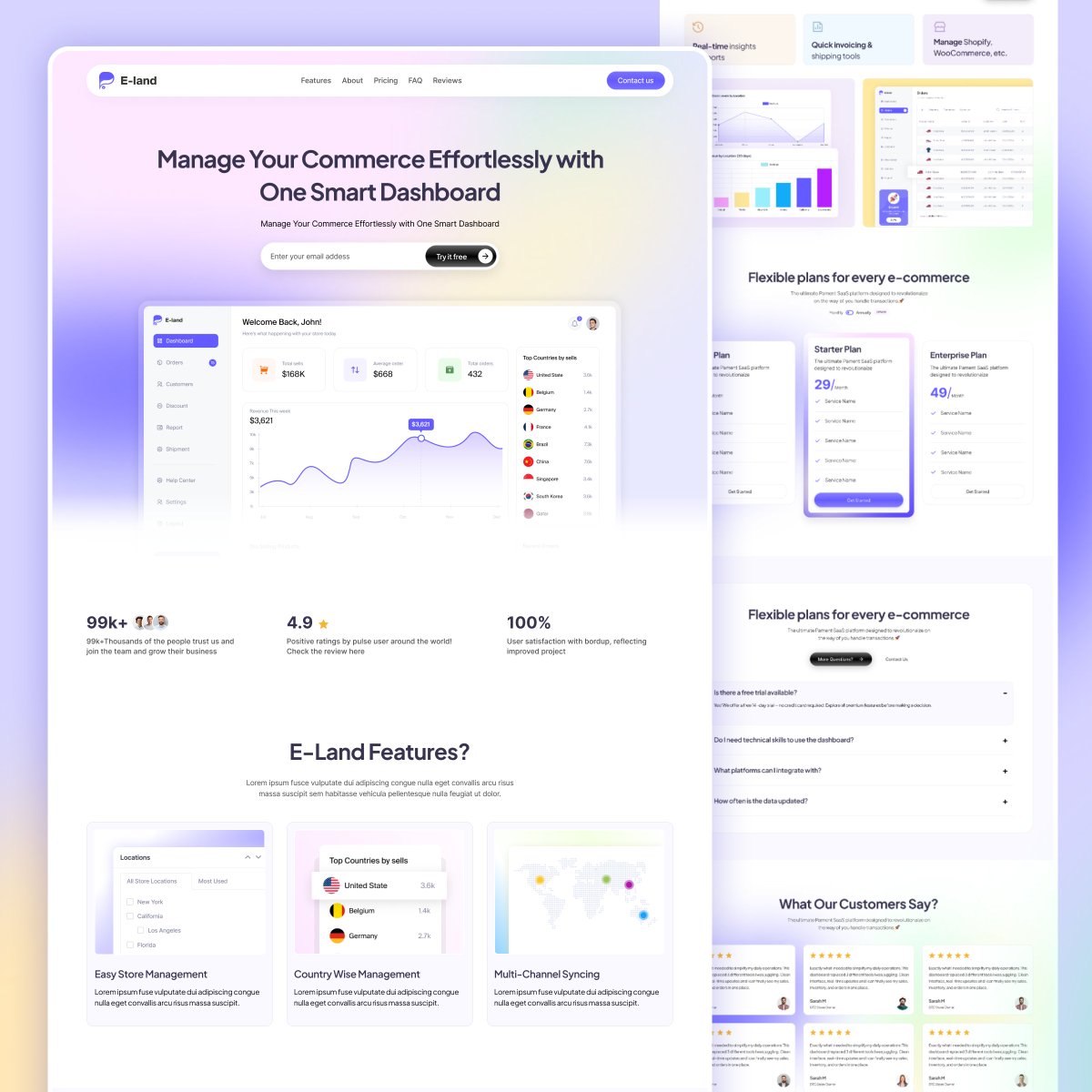 Excited to share my latest E-Land SaaS Landing Page design!

This project was all about crafting a sleek, modern, and intuitive experience that simplifies e-commerce store management.

I am excited to hear about your next project!
I am available. Dm Me with the details!