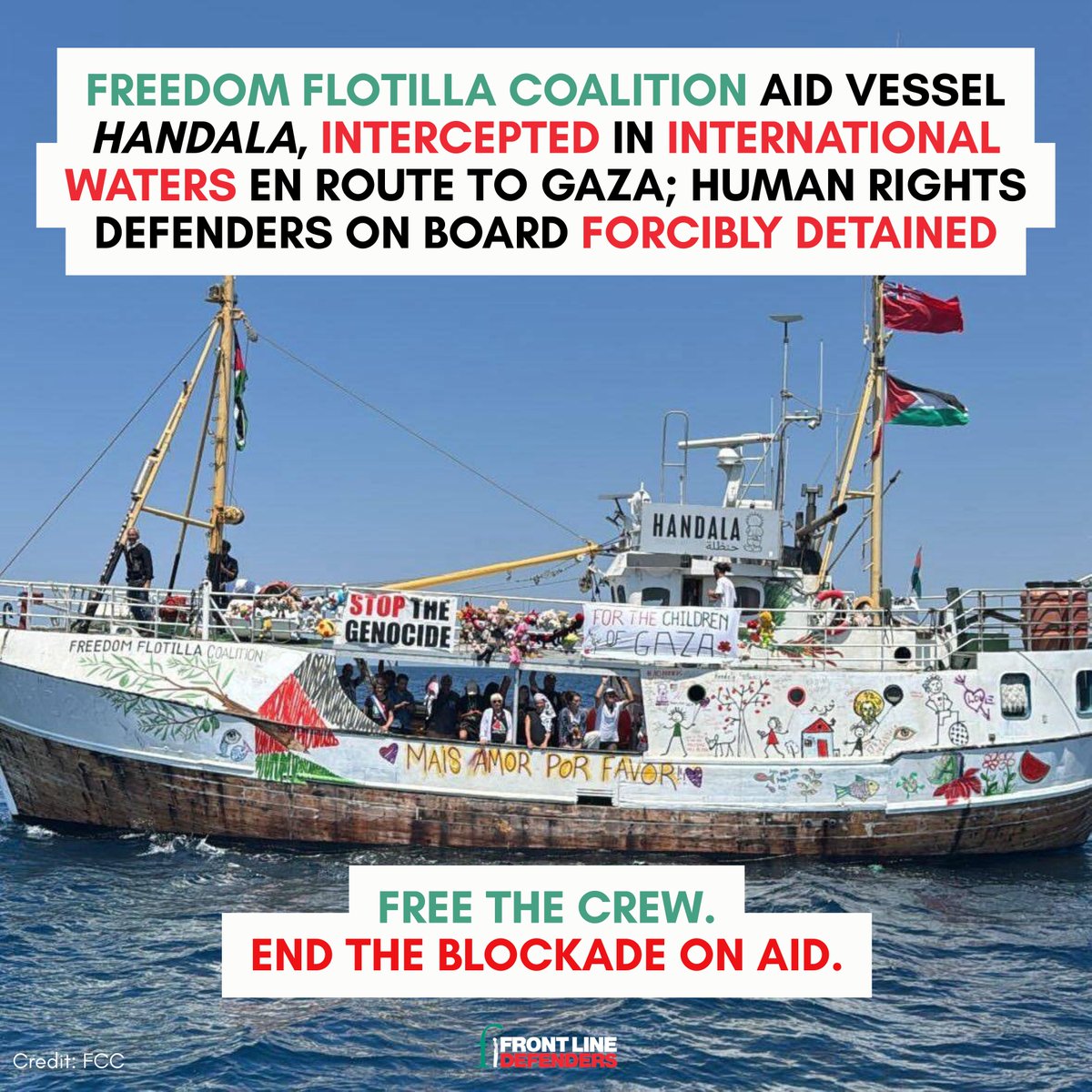 FrontLineHRD's tweet photo. UPDATE: As of 30 July, most of the #FreedomFlotilla Handala crew members have now been subjected to deportation after being arbitrarily detained by Israeli authorities in international waters. 

Two crew members, human rights defenders and labour activists Chris Smalls from USA and Hatem Laouini from Tunisia, are still in arbitrary Israeli detention. We join the voices calling for their immediate and unconditional release.

#Handala #FreedomFlotilla