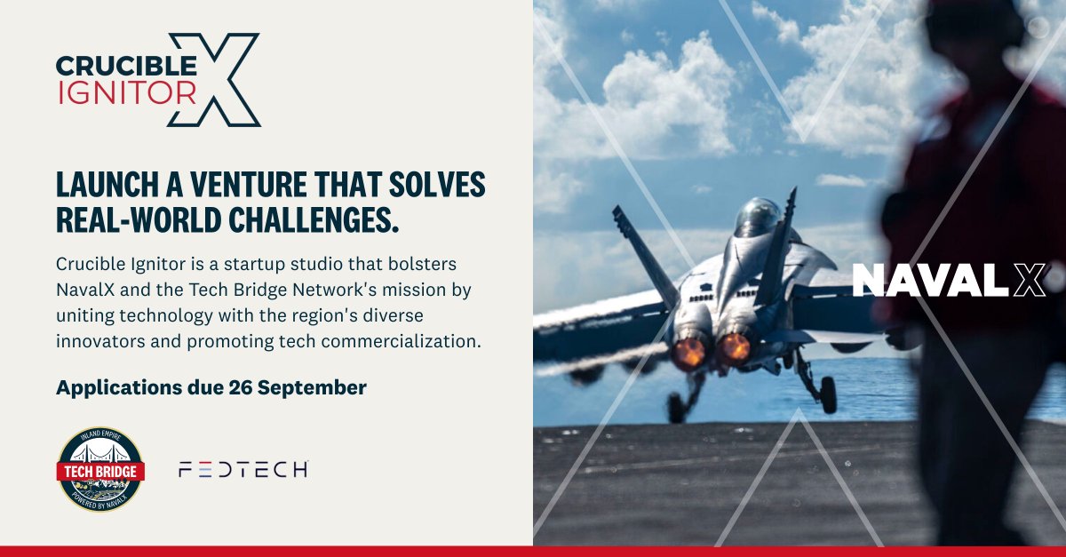 USNavalX's tweet photo. Launch a venture that tackles real-world challenges. 

Crucible Ignitor, powered by the Inland Empire Tech Bridge &amp; @FedTechStartups, pairs founders with federal lab tech and expert mentorship. Get training, IP licensing and startup support—no fees or equity taken. Links below 👇 https://t.co/DvPD8meFle