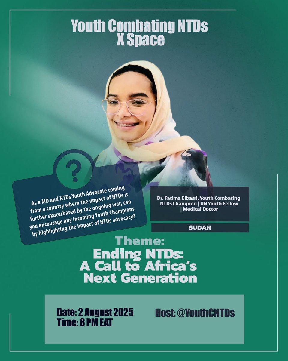 As young woman working to end the neglect has been a life mission to address inequalities among my peers.

If you want to know more about our work, join us this Saturday! 
<a href="/CombatNTDs/">Uniting to Combat Neglected Tropical Diseases</a> 
<a href="/GLIDE_AE/">Global Institute for Disease Elimination</a> <a href="/Can_NTDs/">Canadian Network for Neglected Tropical Diseases</a> <a href="/LSHTM/">London School of Hygiene & Tropical Medicine</a> <a href="/WHOYouthCouncil/">WHO Youth Council</a> <a href="/RSTMH/">Royal Society of Tropical Medicine and Hygiene</a> <a href="/AfricaCDCYouth/">Africa CDC Youth</a> <a href="/elimin8schisto/">Global Schistosomiasis Alliance</a>