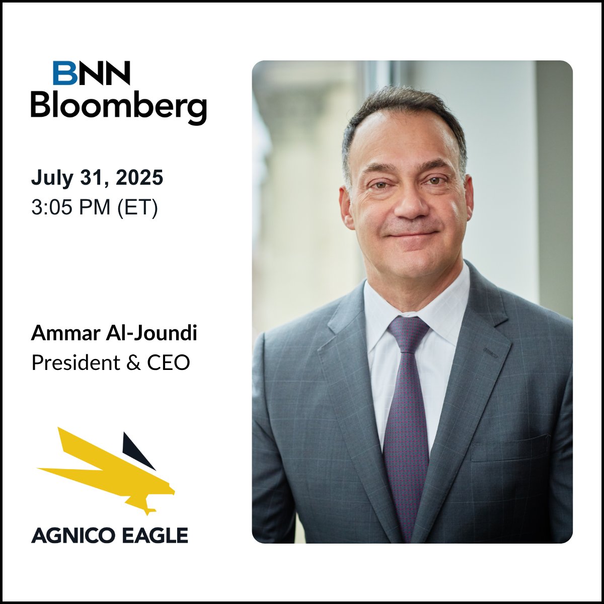 Agnico Eagle Mines (@agnicoeagle) on Twitter photo 🔔📺 Tomorrow at 3:05 PM (ET) on <a href="/BNNBloomberg/">BNN Bloomberg</a>: $AEM President & CEO Ammar Al-Joundi will discuss #AgnicoEagle's Q2 2025 financial and operating performance. 🔔📺 Tomorrow at 3:05 PM (ET) on <a href="/BNNBloomberg/">BNN Bloomberg</a>: $AEM President & CEO Ammar Al-Joundi will discuss #AgnicoEagle's Q2 2025 financial and operating performance.