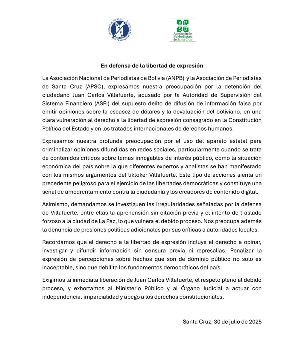 La ANPB y APSC expresamos profunda preocupación por la detención de Juan Carlos Villafuerte, acusado por la ASFI. Su detención por difundir opiniones sobre la escasez de dólares es una clara violación a la libertad de expresión, un derecho fundamental.