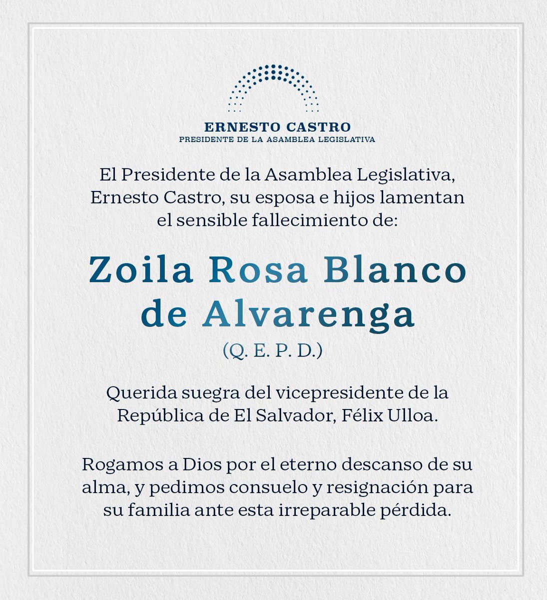 Mi más sentido pésame para doña Lila, esposa de nuestro vicepresidente <a href="/fulloa51/">Félix Ulloa</a>.