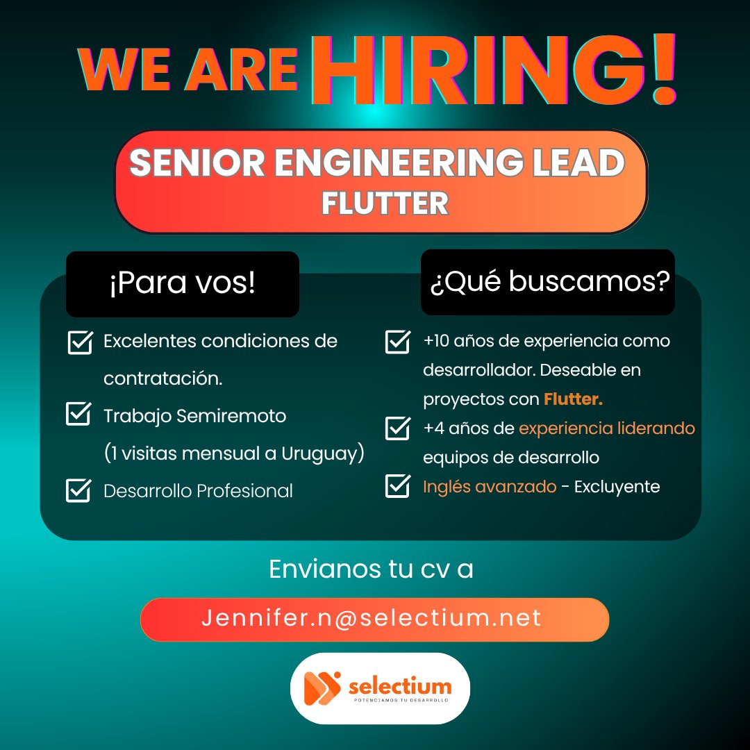 jenifersofia95's tweet image. 🚀 ¡Estamos buscando un/a Senior Engineering Lead con experiencia en #Flutter! #Argentina
Súmate a una compañía referente que trabaja con marcas globales creando apps innovadoras.
✔️ Perfil técnico sólido
✔️ -/+10 años (Flutter/mobile)
✔️ 4 o + liderando equipos
📍 Semi remoto
