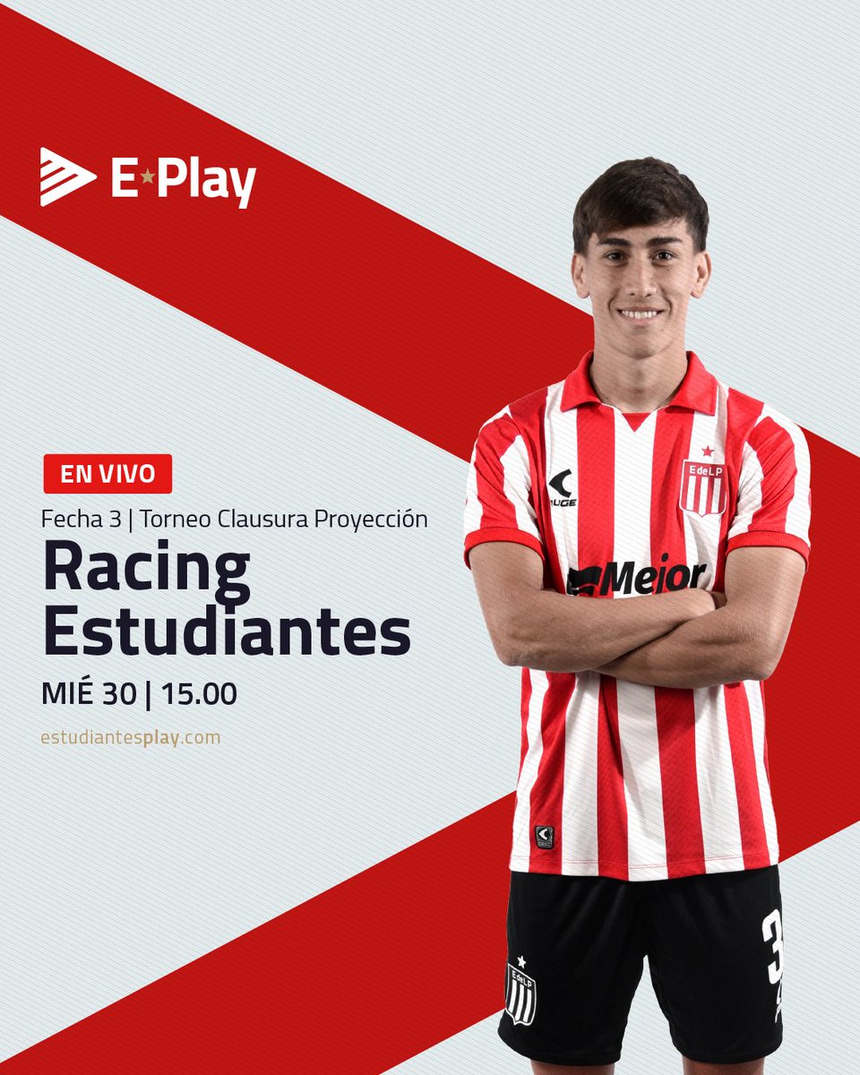 Estudiantes Play (@estudiantesplay) on Twitter photo 🔜 ¡Juega la Reserva! 🦁
🏆 #TorneoProyección - Fecha 3, Clausura
⚽️ <a href="/RacingClub/">Racing Club</a> 🆚 <a href="/EdelpOficial/">Estudiantes de La Plata</a>
⏰ 15:00
¡En VIVO por #EstudiantesPlay!
📲 estudiantesplay.com 🔜 ¡Juega la Reserva! 🦁
🏆 #TorneoProyección - Fecha 3, Clausura
⚽️ <a href="/RacingClub/">Racing Club</a> 🆚 <a href="/EdelpOficial/">Estudiantes de La Plata</a>
⏰ 15:00
¡En VIVO por #EstudiantesPlay!
📲 estudiantesplay.com