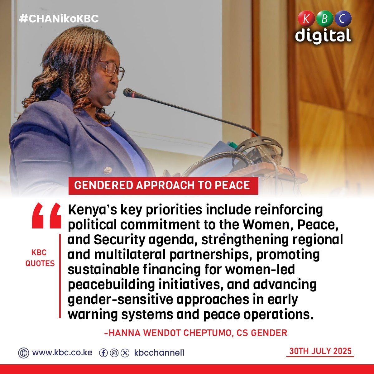 “Kenya’s key priorities include reinforcing political commitment to the Women, Peace, and Security agenda, strengthening regional and multilateral partnerships,”
Hanna Wendot Cheptumo, CS Gender
#CHANikoKBC ^RO
