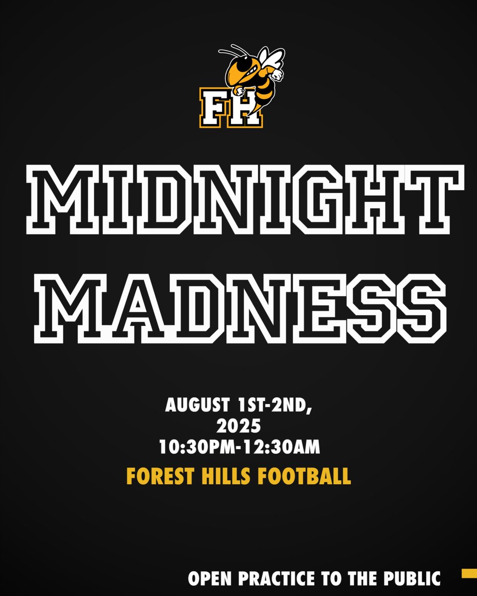 OPEN TO THE PUBLIC!
Concession Stand as well as the Jacket Store will be running. Come get an early glimpse of your 2025-2026 Forest Hills YellowJackets football team Friday night in Jacket stadium for an open practice.