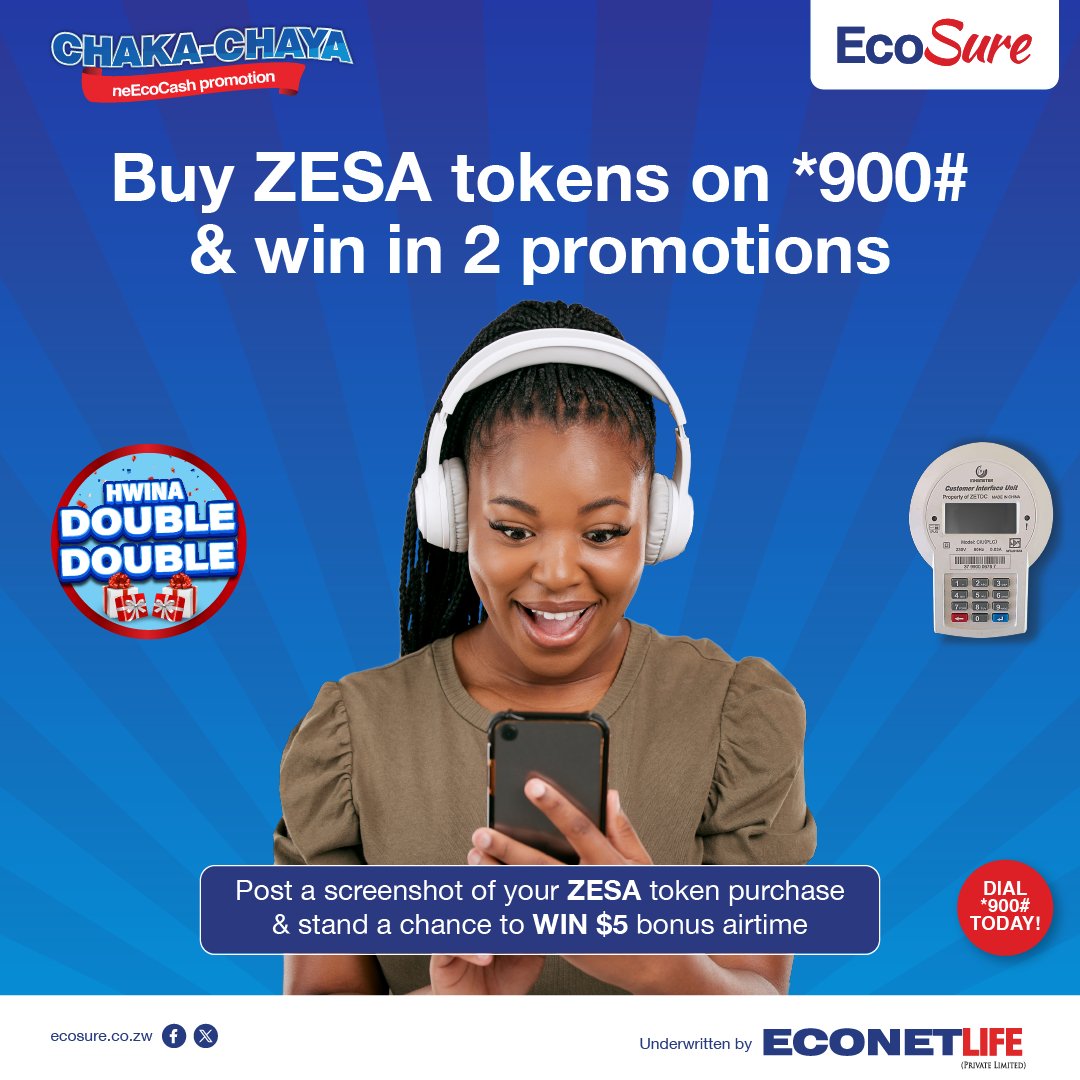 Buy your ZESA token using *900# this month-end and stand a double chance to win in the EcoSure and Chakachaya promos!
Plus, enjoy FREE funeral cover of up to $2,500. Want even more? Post a screenshot of your ZESA token purchase and you might score an extra $5 airtime on us!
