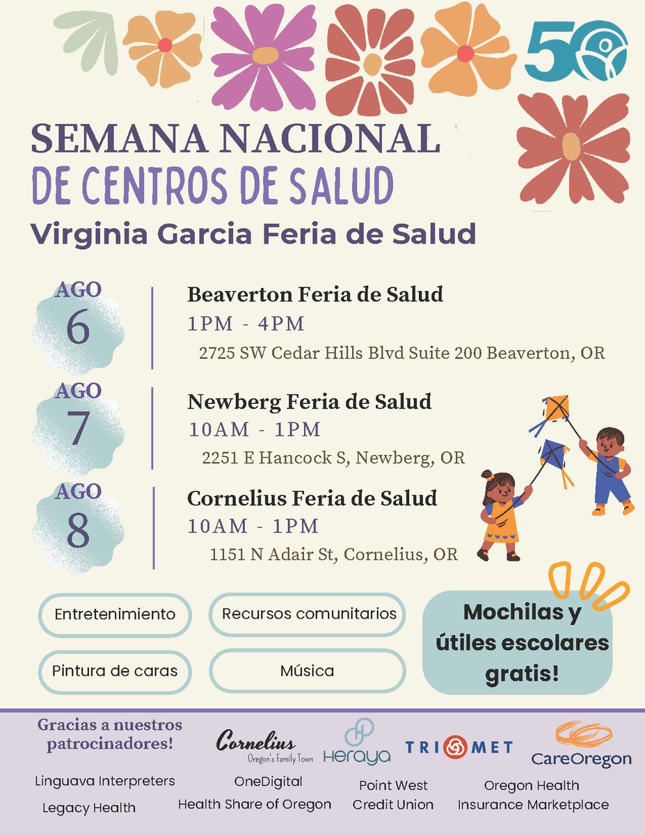 Mark your calendar for these upcoming Virginia Garcia health fairs on August 6 in Beaverton, August 7 in Newberg, and August 8 in Cornelius. Community resources, free backpacks and school supplies, music and entertainment, and more.