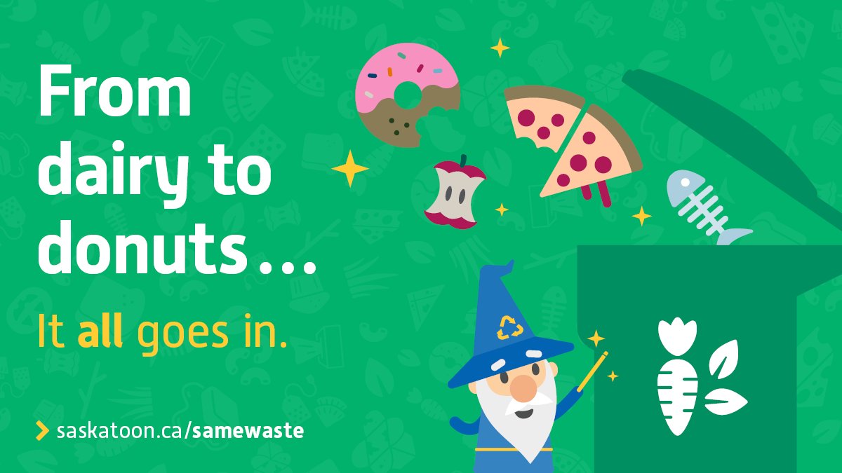 From dairy to donuts and meat to bones, your Green Cart is the place for all your food waste. It’s not just for yard waste and fruits and veggies! 🍩🍖🍎

Same Waste. Different Place.

Learn more > saskatoon.ca/samewaste