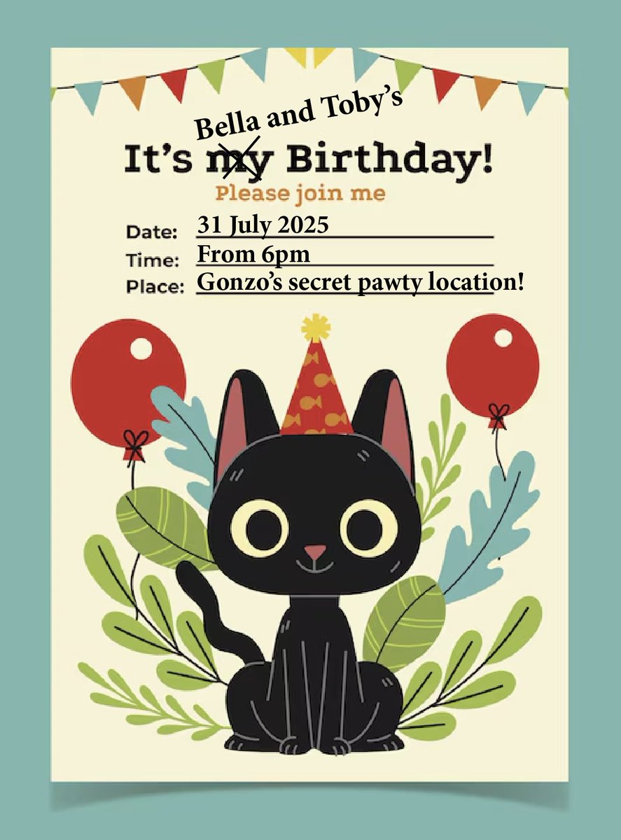 Gonzo the Cat (@gonzothecat1) on Twitter photo Hi everyone, there's a secret 10th birthday pawty tomorrow evening for my furrends Bella and Toby!!!! Please bring fish, tacos, treats and assorted toys. All welcome! <a href="/FeralMother44/">🫶🏼Sarah ‘Hope Is Everything’ Dalton🫶🏼</a> 🎉🥳🍾🎂🍹🎶 Hi everyone, there's a secret 10th birthday pawty tomorrow evening for my furrends Bella and Toby!!!! Please bring fish, tacos, treats and assorted toys. All welcome! <a href="/FeralMother44/">🫶🏼Sarah ‘Hope Is Everything’ Dalton🫶🏼</a> 🎉🥳🍾🎂🍹🎶