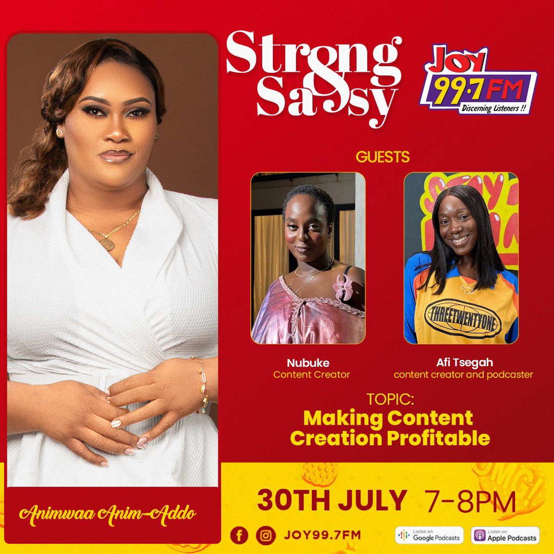 How do you turn content creation into cash flow? 

Tonight on #StrongAndSassy with <a href="/IamAnimwaa/">Animwaa Anim - Addo</a> , we’re diving deep into the business of content with creators <a href="/nubukenubuke/">1M YT TT INSTA : Nubuke</a> and <a href="/afitsegah/">Afi T</a>. From passion to profit, find out how they’re making their platforms work for them.
