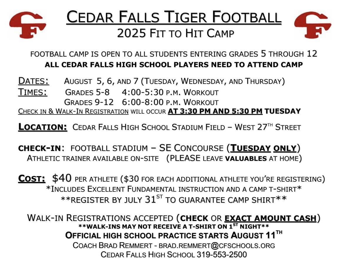 CFHS Athletics and Activities (@cfhsgotigers) on Twitter photo Annual Tiger Fit to Hit Camp for grades 5 to 12! Register today! <a href="/Football_CF/">CF Football</a> drive.google.com/file/d/1P9d4hR… Annual Tiger Fit to Hit Camp for grades 5 to 12! Register today! <a href="/Football_CF/">CF Football</a> drive.google.com/file/d/1P9d4hR…