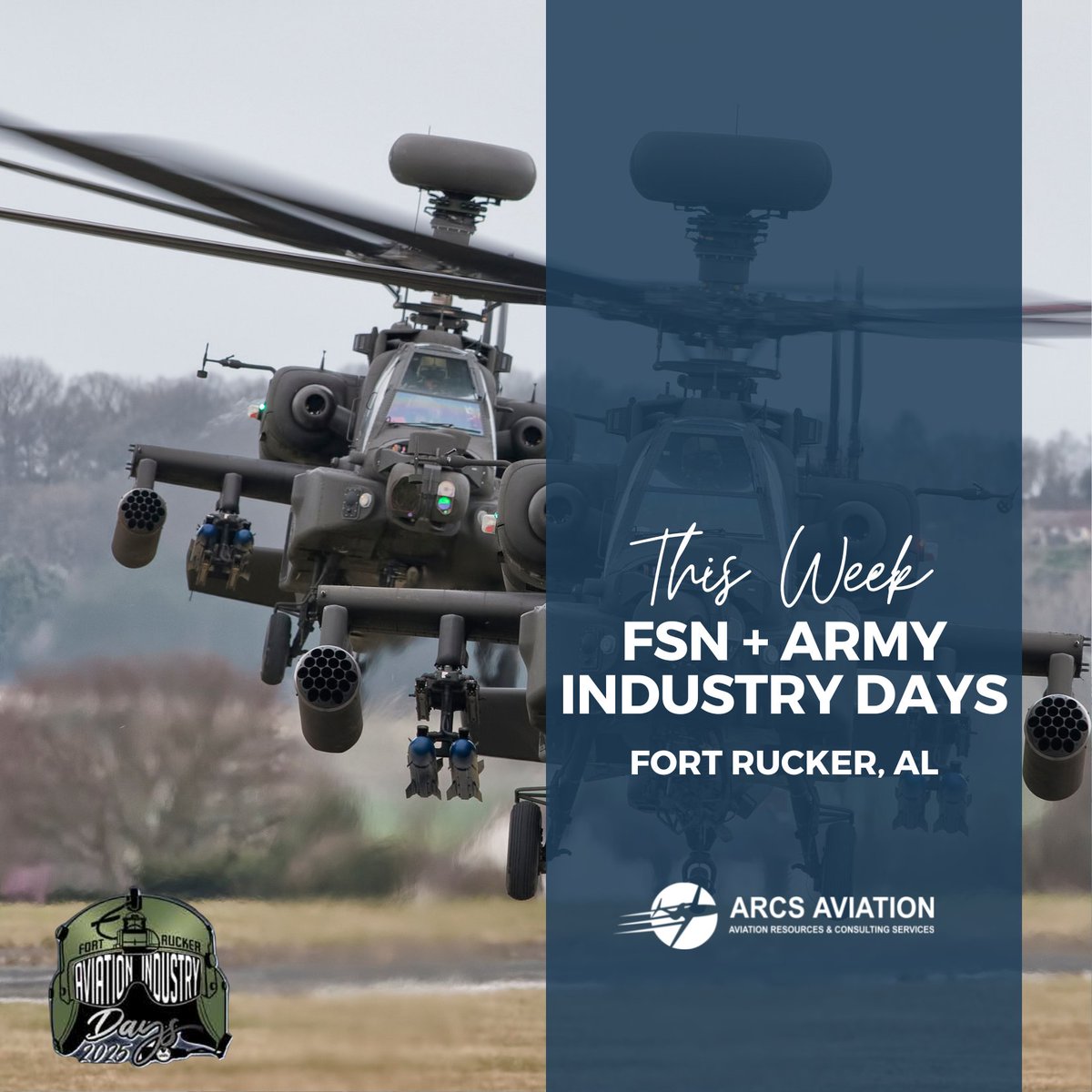 📍ARCS Aviation is on-site at Fort Rucker this week at the 12th Annual Army Aviation Industry Days! You can also find us at the Flight School Next Site Visit, happening now through the end of the week.

Attending either event? Send us a message—we’d love to connect!