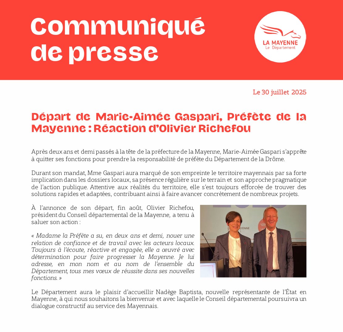 Olivier Richefou (@olivierrichefou) on Twitter photo Après deux ans et demi en Mayenne, Marie-Aimée Gaspari, <a href="/Prefet53/">Préfète de la Mayenne</a>, quittera fin août, ses fonctions pour rejoindre la Drôme.
<a href="/MagGaspari/">Marie-Aimee Gaspari</a> a su nouer une relation de confiance et de travail avec les acteurs locaux. Tous mes vœux de réussite dans ses nouvelles fonctions.
Je souhaite Après deux ans et demi en Mayenne, Marie-Aimée Gaspari, <a href="/Prefet53/">Préfète de la Mayenne</a>, quittera fin août, ses fonctions pour rejoindre la Drôme.
<a href="/MagGaspari/">Marie-Aimee Gaspari</a> a su nouer une relation de confiance et de travail avec les acteurs locaux. Tous mes vœux de réussite dans ses nouvelles fonctions.
Je souhaite