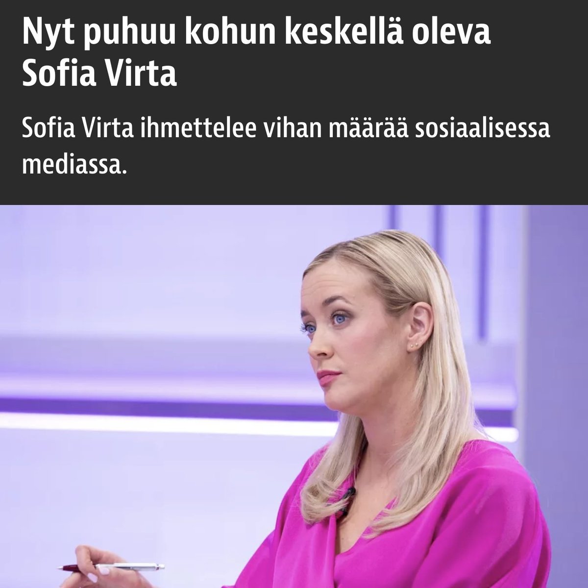 "Mikä saa toisen tuntemaan niin suurta vihaa itselle tuntematonta ihmistä kohtaan? Tai mihin ovat hävinneet käytöstavat?", kysyy räikeästä kaksoisstandardista kärynnyt Sofia Virta.

Pohdi sitä Sofia, kun taas kerran haukkut työkaverisi rasisteiksi, äärioikeistoksi ja ties miksi.