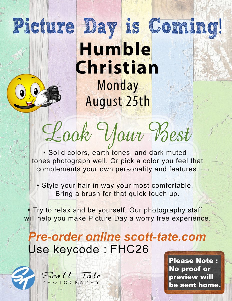 Scott Tate Photography (@scotttatephoto) on Twitter photo Hey Humble Christian!- Picture Day is NEXT MONDAY! Be ready with these tips scott-tate.com to help make your pictures awesome! Pre-order using your school's code.
<a href="/humblecs/">Humble Christian Sch</a>
#schoolpictures #lookingood #smilebig #STPhoto Hey Humble Christian!- Picture Day is NEXT MONDAY! Be ready with these tips scott-tate.com to help make your pictures awesome! Pre-order using your school's code.
<a href="/humblecs/">Humble Christian Sch</a>
#schoolpictures #lookingood #smilebig #STPhoto
