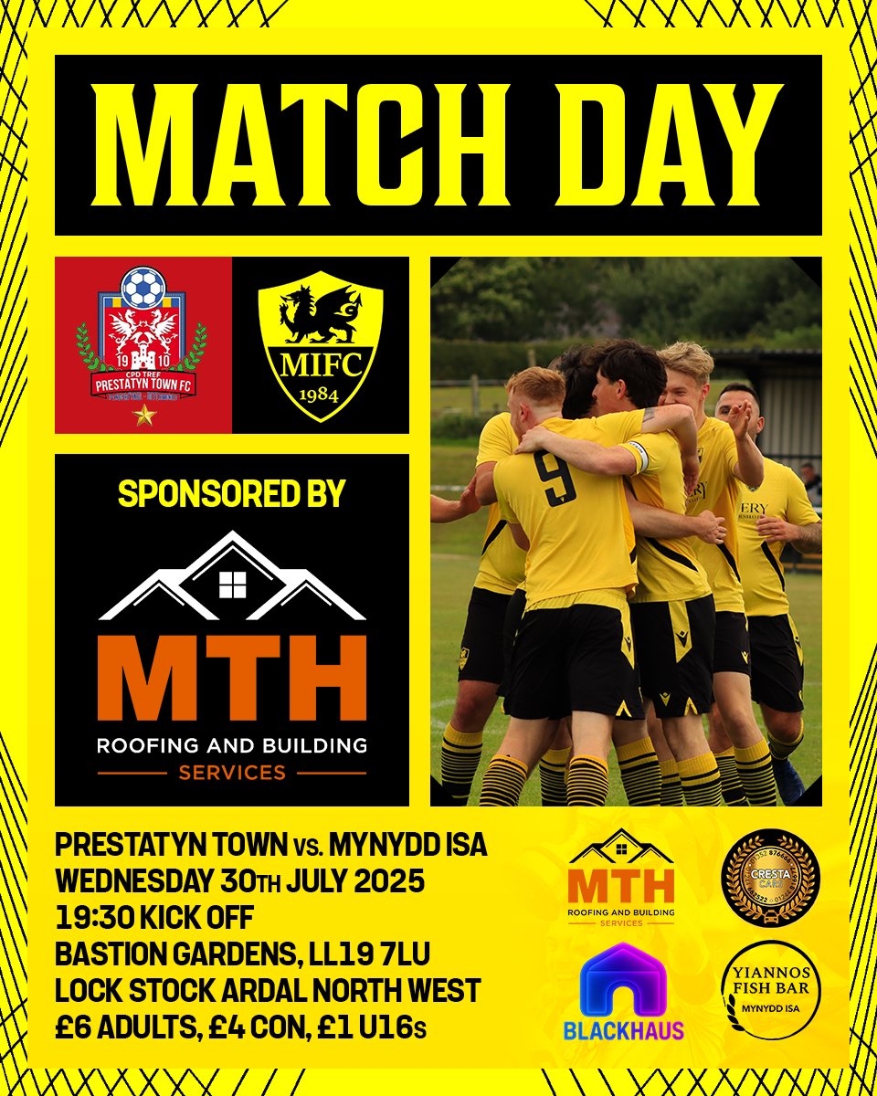 MATCH DAY ⚽

<a href="/ptfcseasiders/">Prestatyn Town FC 🏴󠁧󠁢󠁷󠁬󠁳󠁿</a> vs. MIFC 
📅 Wednesday 30th July 2025
⏰ 19:30 kick off
🏟️ Bastion Gardens, LL19 7LU
🏆 <a href="/lockstockbiz/">Lock Stock Self Storage</a> <a href="/ArdalNorthern/">Lock Stock Ardal Northern Leagues</a>
🎟️ £6 Adults, £4 Concessions, £1 U16s

A trip to the seaside for our first game at Tier 3! #uptheisa 🟡⚫