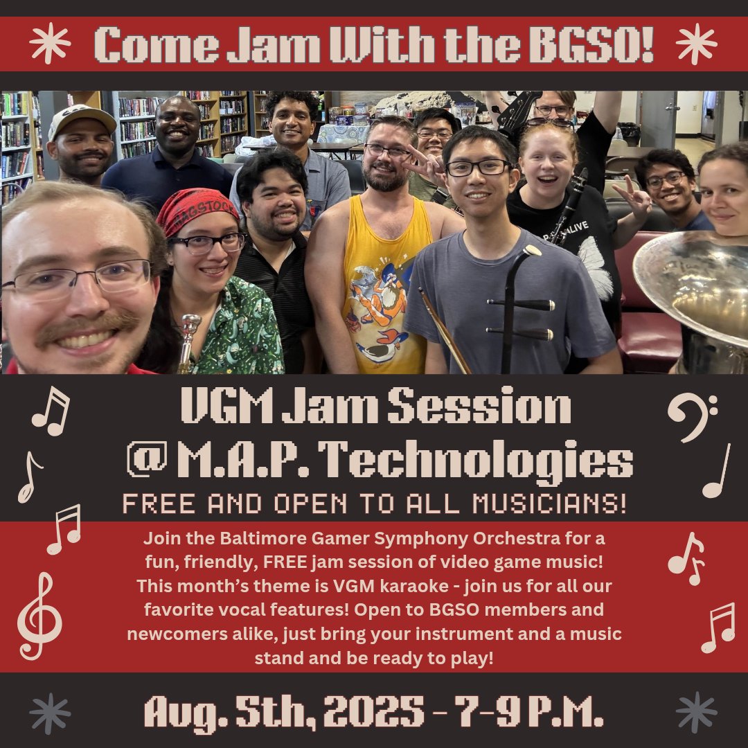 Baltimore Gamer Symphony Orchestra (@baltimoregso) on Twitter photo Join us August 5th at M.A.P. Technologies <a href="/MAPGameTech/">M.A.P. Technologies</a> from 7-9 PM! Beginner-friendly, free & open to anyone - just bring your instrument, a stand, and a phone/tablet for pulling up the music. Or just come to listen!
This month’s theme is VGM karaoke!
#bgso #baltimoremusic #vgm Join us August 5th at M.A.P. Technologies <a href="/MAPGameTech/">M.A.P. Technologies</a> from 7-9 PM! Beginner-friendly, free & open to anyone - just bring your instrument, a stand, and a phone/tablet for pulling up the music. Or just come to listen!
This month’s theme is VGM karaoke!
#bgso #baltimoremusic #vgm