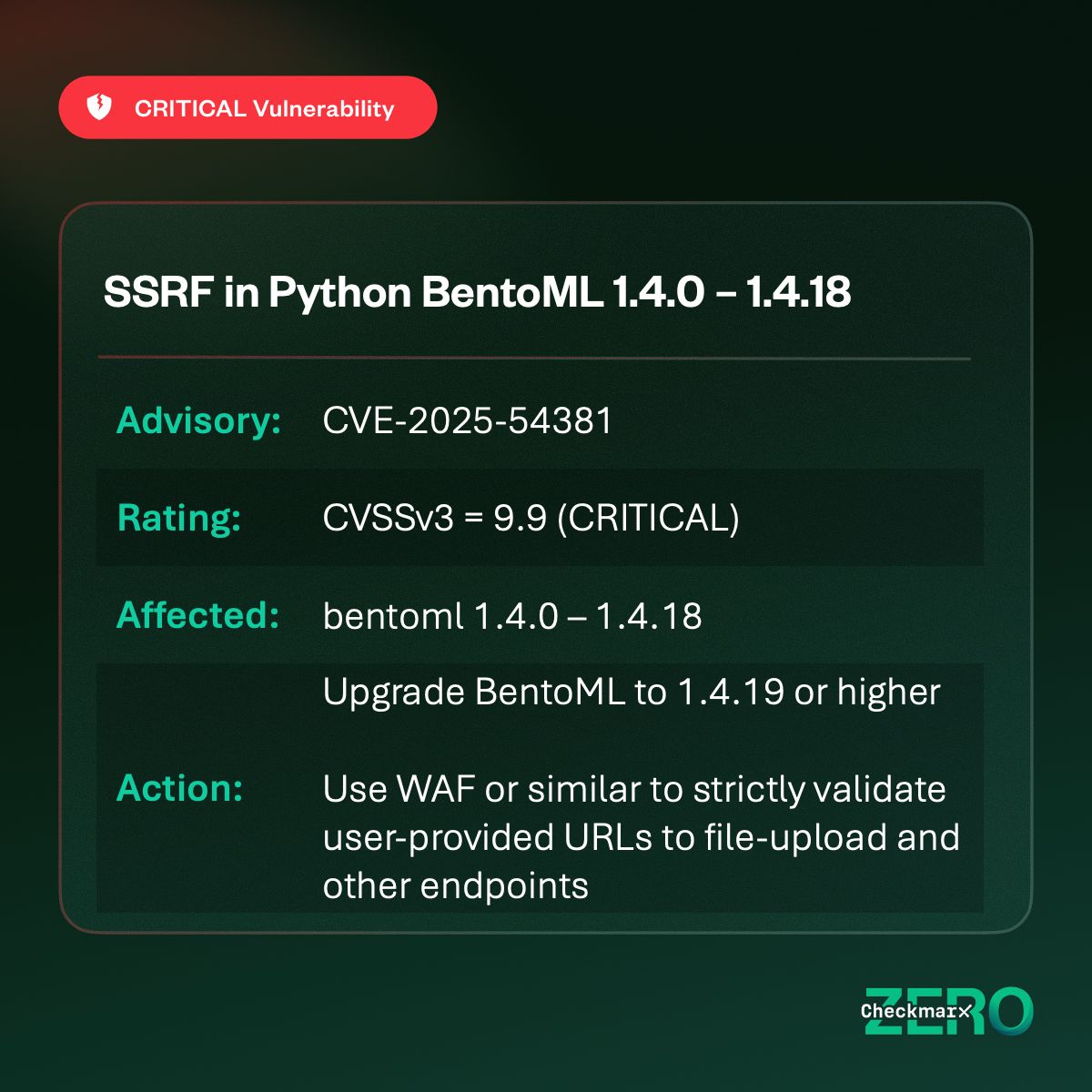 CheckmarxZero's tweet image. #CVE-2025-54381 | BentoML - Unauthenticated SSRF (Critical)
 
#BentoML versions 1.4.0 to 1.4.18 are vulnerable to an unauthenticated Server-Side Request Forgery (#SSRF) due to improper validation of user-provided URLs in file upload handlers. This allows attackers to force the…
