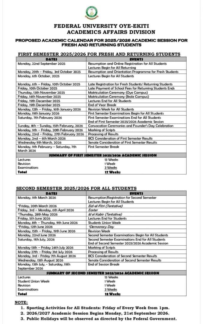 DAMMYSTV's tweet image. #FUOYE RELEASES PROPOSED ACADEMIC CALENDAR FOR 2025/2026 SESSION