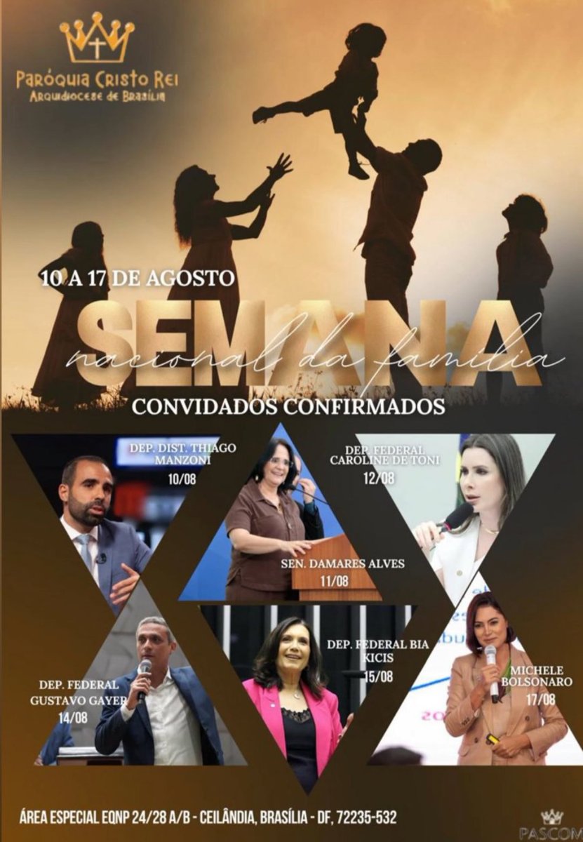 É assustador, acionarei a arquidiocese de Brasília. 

A paróquia Cristo-Rei, do P sul, não pode ser palanque político para um terror cultural que não condiz com a fé católica. 

Essa lista de convidados parece mais uma lista de investigados da Polícia Federal.