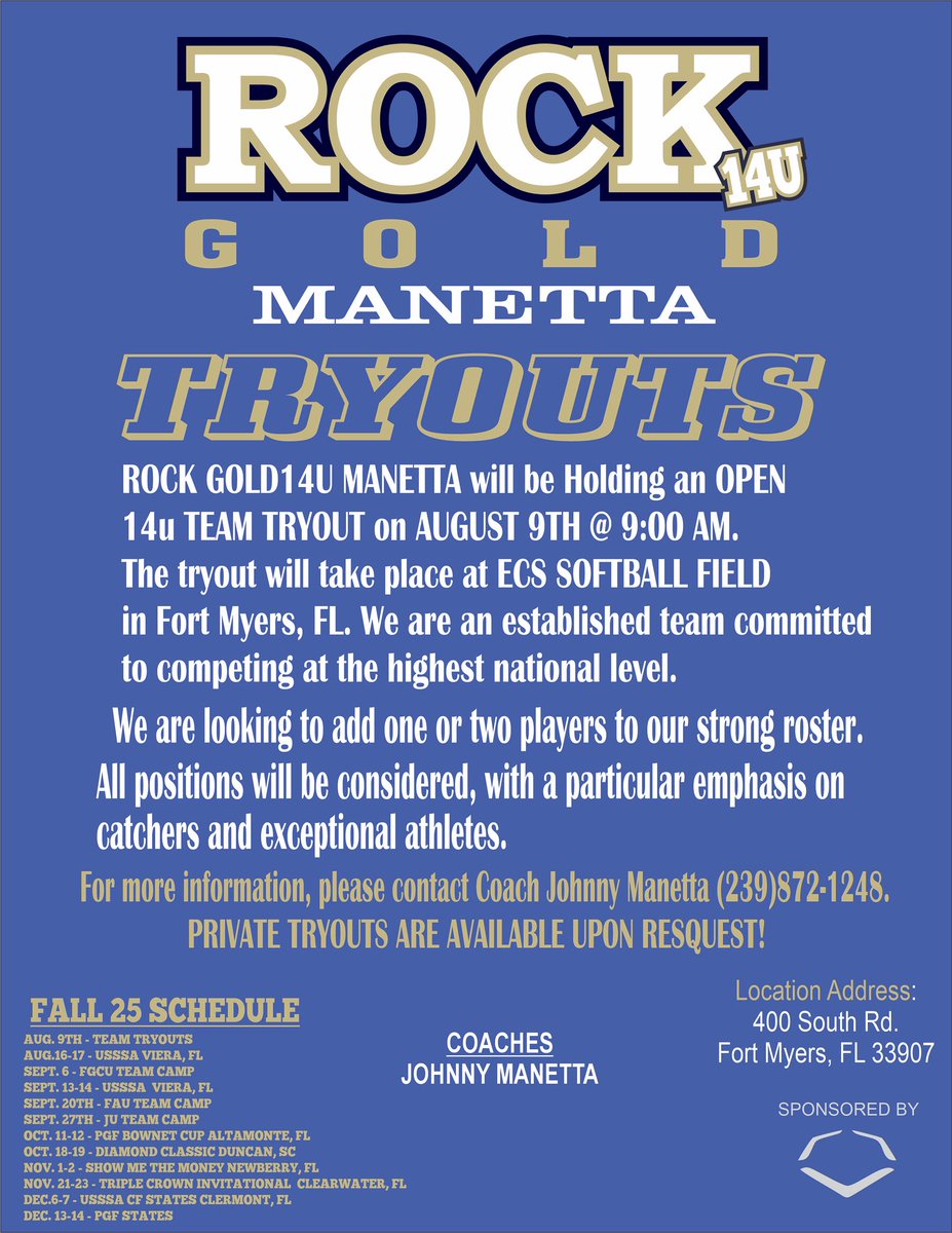 Rock Gold Manetta 14U
Is looking to add a couple of players to our roster! Save the date 8/09/25