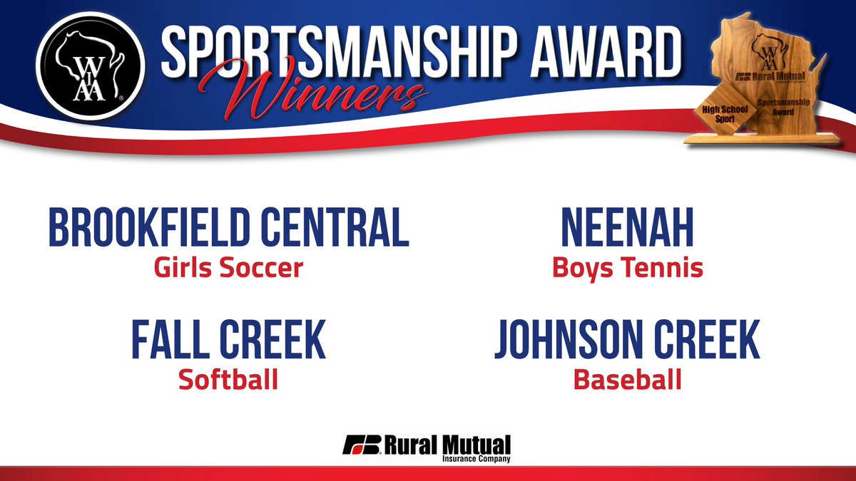 WIAA (@wiaawi) on Twitter photo Congratulations to the 2025 WIAA & <a href="/RuralMutual/">Rural Mutual Ins.</a> Spring State Tournament Sportsmanship Award Winners👏🏼
⚽️Brookfield Central
🎾Neenah
🥎Fall Creek
⚾️Johnson Creek
This award is determined by the conduct and sportsmanship displayed by athletes, coaches, cheer and support groups, Congratulations to the 2025 WIAA & <a href="/RuralMutual/">Rural Mutual Ins.</a> Spring State Tournament Sportsmanship Award Winners👏🏼
⚽️Brookfield Central
🎾Neenah
🥎Fall Creek
⚾️Johnson Creek
This award is determined by the conduct and sportsmanship displayed by athletes, coaches, cheer and support groups,