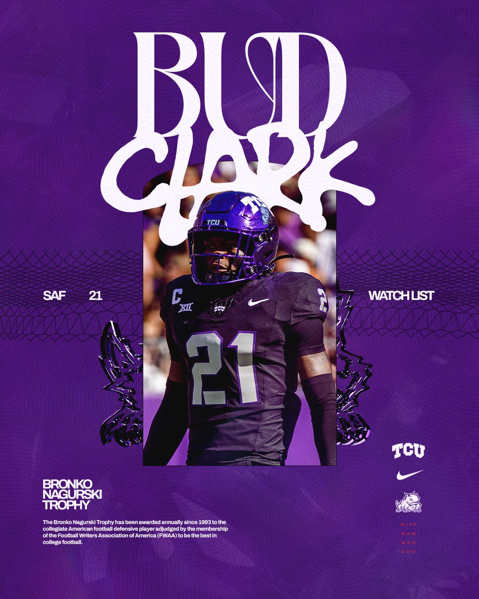 🏆 Bud Clark has been named to the watch list for the Bronko Nagurski Trophy, presented annually to the best defensive player in college football!

#GoFrogs 🐸 #AllHail