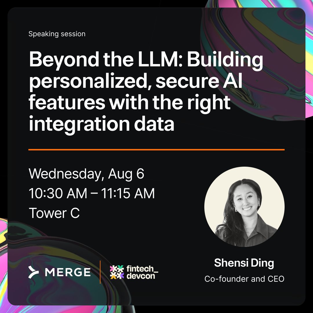Merge (@merge_api) on Twitter photo We're just a week away from Shensi's panel session at <a href="/fintechdevcon/">fintech_devcon</a>!
If you're building AI features, you don't want to miss this session! We're just a week away from Shensi's panel session at <a href="/fintechdevcon/">fintech_devcon</a>!
If you're building AI features, you don't want to miss this session!