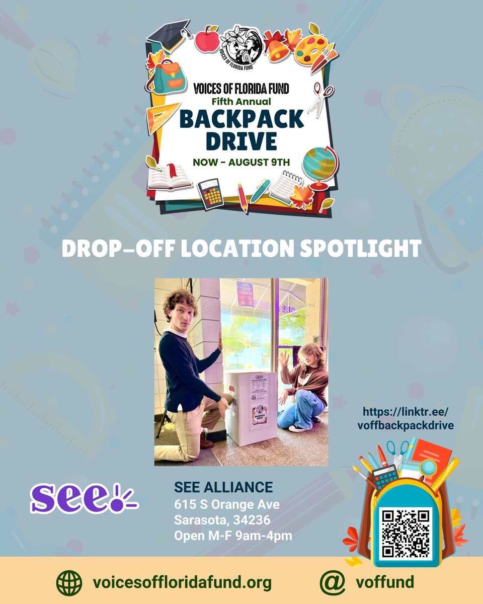 We have 7 drop-off locations in SRQ for our backpack drive. We want to shine a spotlight on:
📍 SEE Alliance
615 S Orange Ave
Sarasota, FL 34236
Open M - F 9am - 4pm

Stop by SEE Alliance to learn about Midterms On Our Terms &amp; drop off school supplies while you’re there! 🎒📚✏️