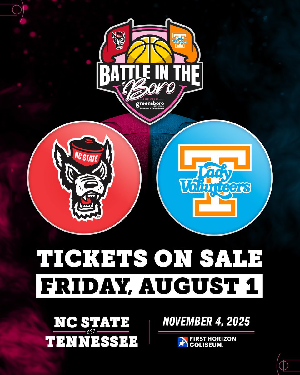🏀 Battle in the 'Boro is ON!
Announcing a powerhouse women’s hoops matchup you don’t want to miss!

📅 Tuesday, Nov 4 | 🕓 4:00 PM
📍 <a href="/gsocomplex/">Greensboro Complex</a>
🎟️ Tickets on sale this Friday at 10AM!

<a href="/LadyVol_Hoops/">Lady Vols Basketball</a> 🆚 <a href="/PackWomensBball/">NC State WBB 🐺🏀</a>
#BattleInTheBoro #WomensHoops #GazelleGroup