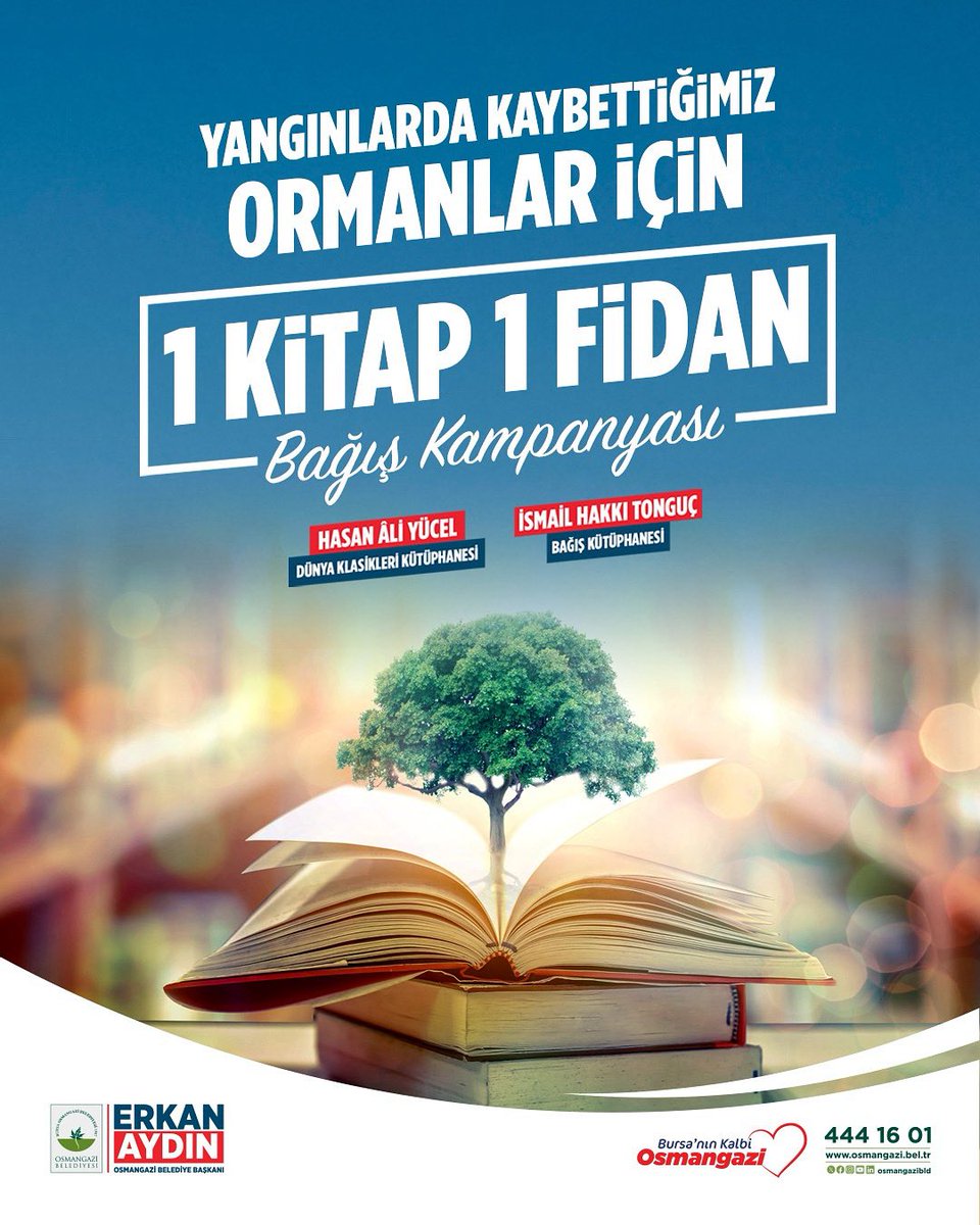 Yangınlarda yitirdiğimiz ormanlarımızı yeniden yeşertmek, geleceğimize nefes, umuda kök salmak için 1 Kitap 1 Fidan kampanyasını başlatıyoruz.

1 Ağustos Cuma günü başlayacak kampanyamız kapsamında, İsmail Hakkı Tonguç Bağış Kütüphanemiz ve Hasan Âli Yücel Dünya Klasikleri