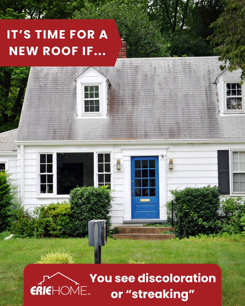 Streaks on your roof? That’s not just dirt!
A faded roof can be a sign it’s fading in performance, too. 

#NewRoof #Replacement #ErieHome