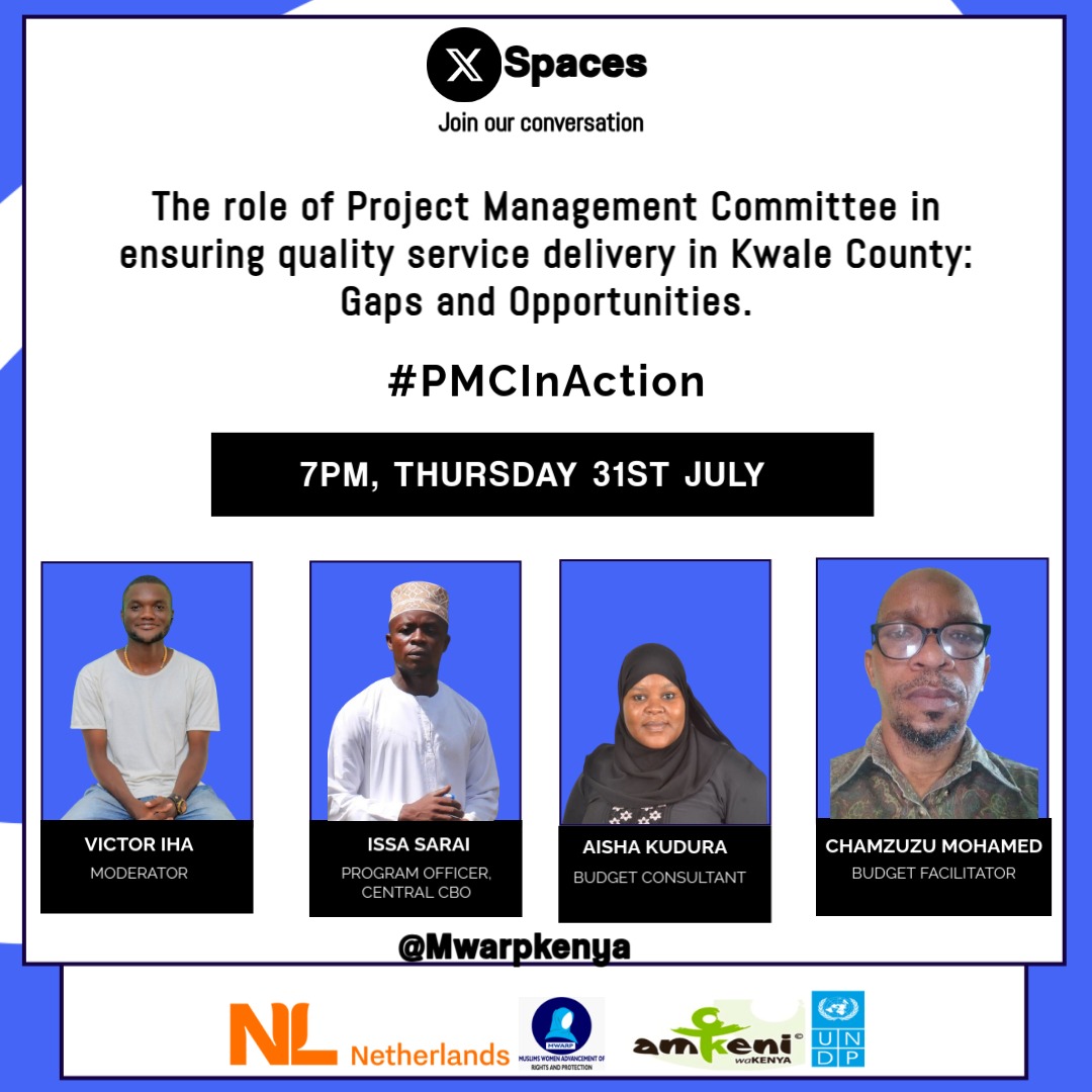 Victor Iha (KIMANI) (@ihavictor) on Twitter photo Join our #PMCInAction edition tomorrow at 7 pm as we embark on understanding the role of PMC in ensuring quality service delivery in Kwale County.
<a href="/hamisazaja/">Hamisa Zaja.</a> <a href="/mainamary254/">Mary Maina</a> <a href="/Nancynyawirah/">Nanccyy 🤎</a> <a href="/NdunguWainaina/">Ndung'u Wainaina</a> <a href="/mesalim_r/">Mesalim Rambo</a> <a href="/mgeninass/">SheWolf</a> <a href="/challah_omar/">Eng. Omar Challah</a> <a href="/Mealii_Mbodze/">Mbodze</a> <a href="/chiro_martin/">Chiro Martin {Pan-African Writer}</a> Join our #PMCInAction edition tomorrow at 7 pm as we embark on understanding the role of PMC in ensuring quality service delivery in Kwale County.
<a href="/hamisazaja/">Hamisa Zaja.</a> <a href="/mainamary254/">Mary Maina</a> <a href="/Nancynyawirah/">Nanccyy 🤎</a> <a href="/NdunguWainaina/">Ndung'u Wainaina</a> <a href="/mesalim_r/">Mesalim Rambo</a> <a href="/mgeninass/">SheWolf</a> <a href="/challah_omar/">Eng. Omar Challah</a> <a href="/Mealii_Mbodze/">Mbodze</a> <a href="/chiro_martin/">Chiro Martin {Pan-African Writer}</a>