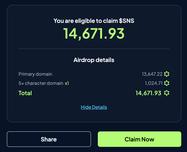 ใครที่จด Sol ID ไปเช็คกัน ของผมตอนนี้แลกได้ประมาณ $30 👇
airdrop.sns.id
คิดว่าถ้าชื่อยิ่งสั้น ก็ยิ่งน่าจะได้เยอะกว่านี้

อ้อ มีเวลาให้กดอีกแค่ 13 วันนะ