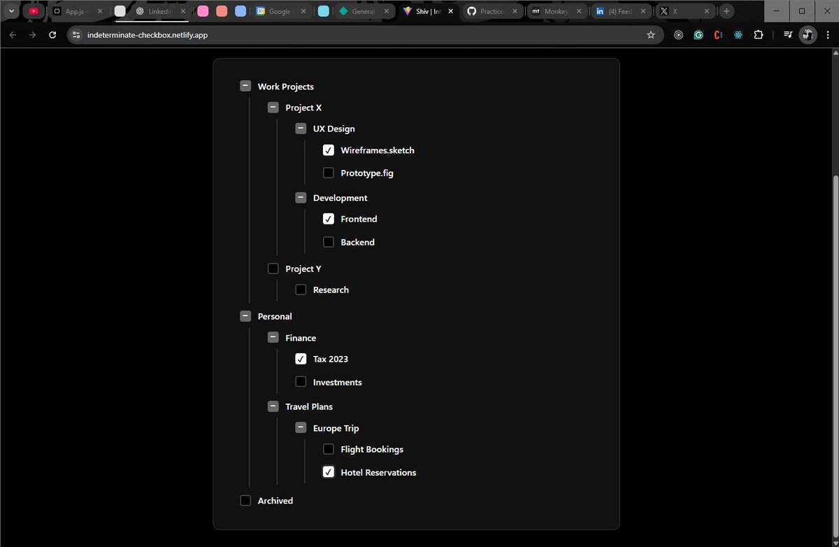 1amWaziR's tweet image. 🚀 Built an Indeterminate Checkbox Tree in React
Features:
- Parent-child checkbox
- checked and unchecked relation
- useState, useEffect, and useRef for DOM + state
- DFS to update children + parent
🔗 indeterminate-checkbox.netlify.app
#ReactJS #JavaScript #MachineCoding #Frontend
