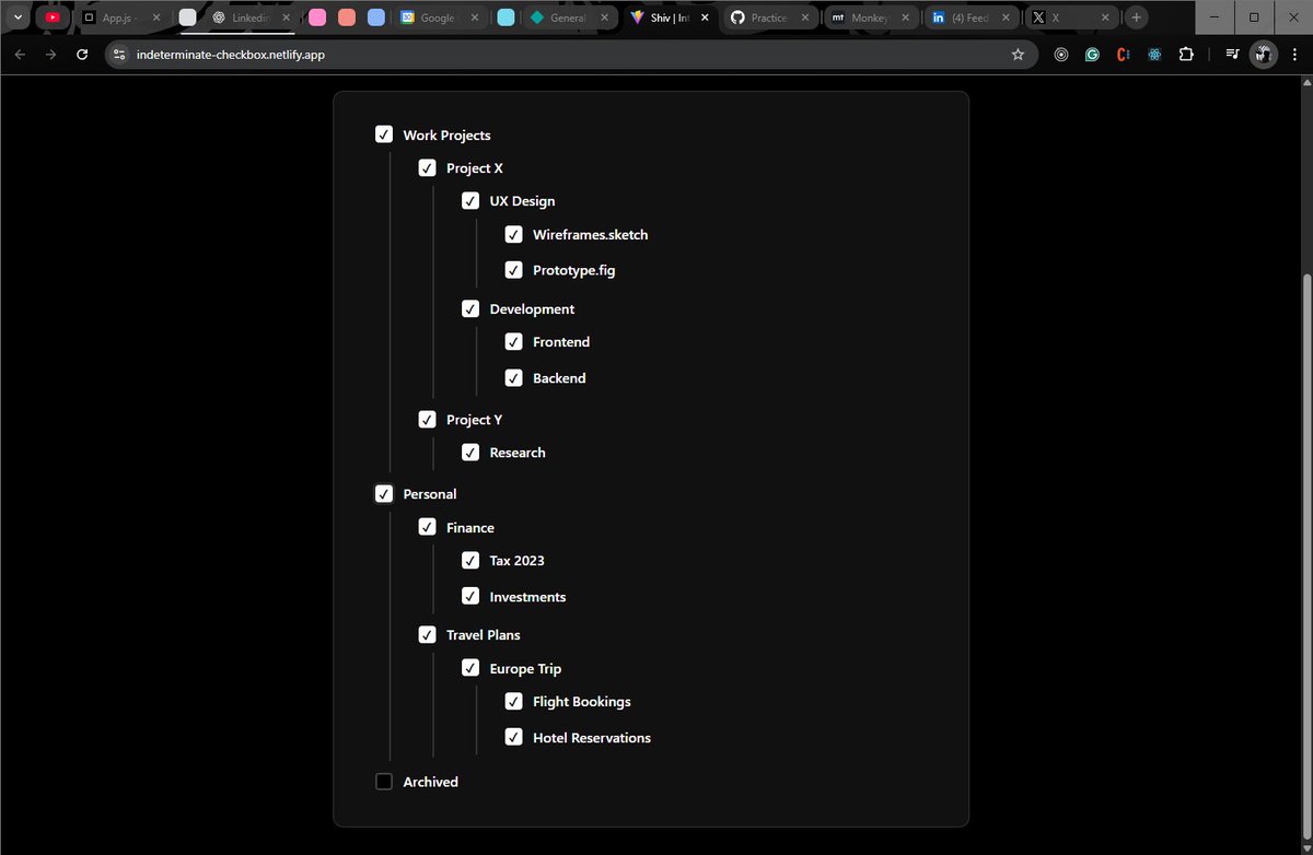 1amWaziR's tweet image. 🚀 Built an Indeterminate Checkbox Tree in React
Features:
- Parent-child checkbox
- checked and unchecked relation
- useState, useEffect, and useRef for DOM + state
- DFS to update children + parent
🔗 indeterminate-checkbox.netlify.app
#ReactJS #JavaScript #MachineCoding #Frontend