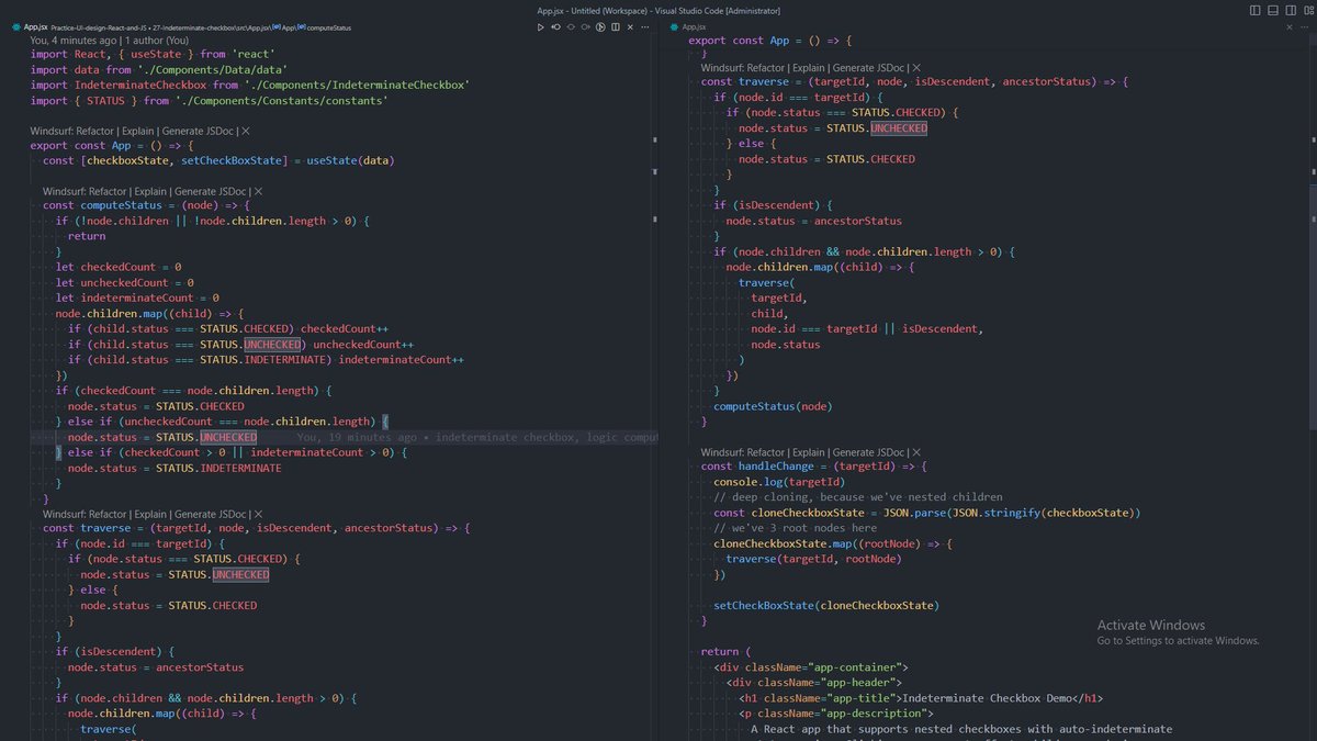 1amWaziR's tweet image. 🚀 Built an Indeterminate Checkbox Tree in React
Features:
- Parent-child checkbox
- checked and unchecked relation
- useState, useEffect, and useRef for DOM + state
- DFS to update children + parent
🔗 indeterminate-checkbox.netlify.app
#ReactJS #JavaScript #MachineCoding #Frontend
