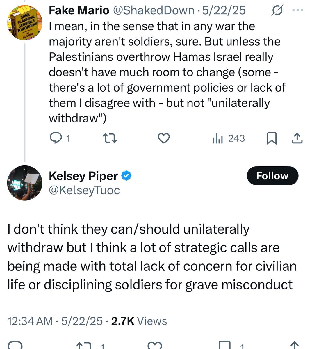 Kate Willett (@katewillett) on Twitter photo Vox’s Kelsey Piper did not even support a ceasefire in MAY of THIS YEAR. If centrists want to change their mind now I welcome it but outright lying from journalists is not ok. Vox’s Kelsey Piper did not even support a ceasefire in MAY of THIS YEAR. If centrists want to change their mind now I welcome it but outright lying from journalists is not ok.