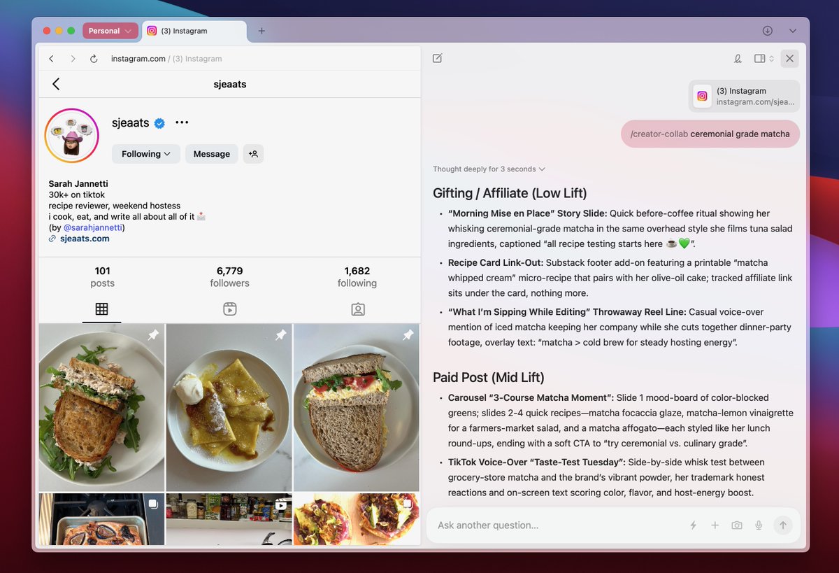 my new fav party trick is this <a href="/diabrowser/">Dia</a> skill:

/creator-collab

run it while on a creator’s page + it spits out 9 smart (tailored) brand collab ideas based on their tone + content.